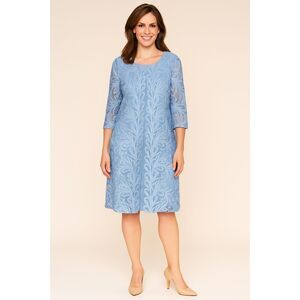 Alex Evenings Lace Overlay Sheath Dress Blue Embroidered Knee Length Size 16 NWT